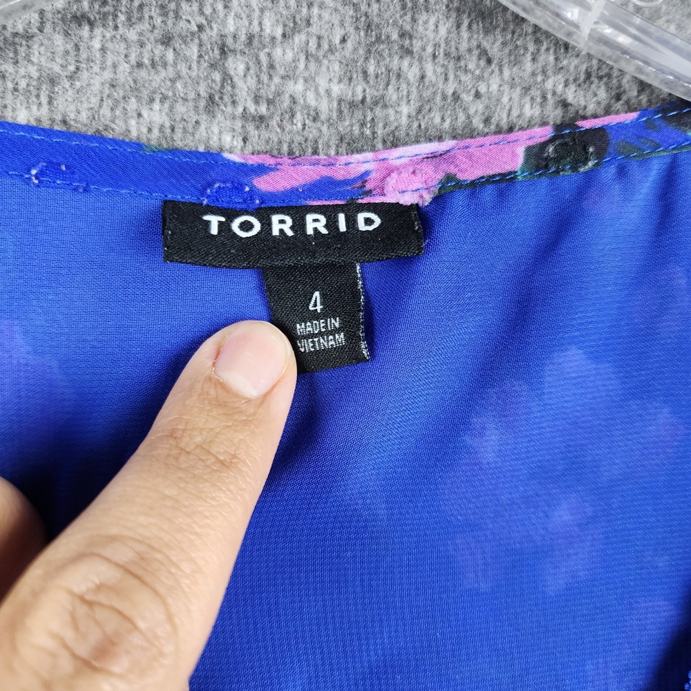 Torrid Floral Peplum Blouse Women 4 Royal Blue Good Lace Trim Clip Dot Chiffon - Picture 5 of 8